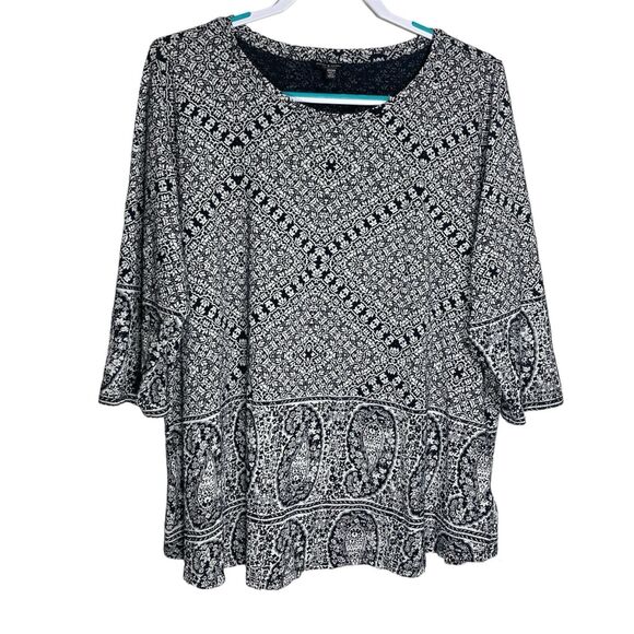 Lucky Brand Top Womens 2X Black Paisley Blouse 3/4 Sleeve Shirt Boho Peasant - Picture 1 of 7